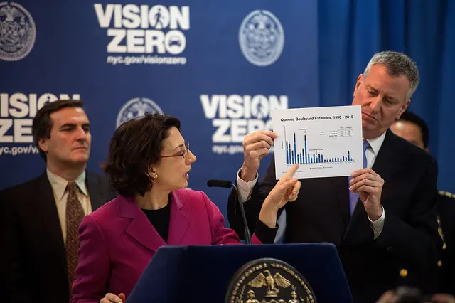 Mayor Bill de Blasio hosts a press conference announcing the Vision Zero End of 2 Years Numbers at Razi School in Woodside, New York Tuesday January 19, 2016